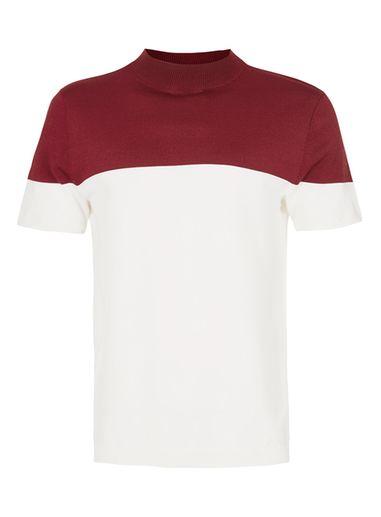 Topman Mens Red Burgundy And White Turtle Neck Knitted T-shirt