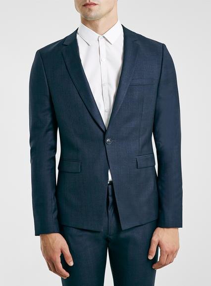 Topman Mens Blue Navy Subtle Check Skinny Fit Suit Jacket