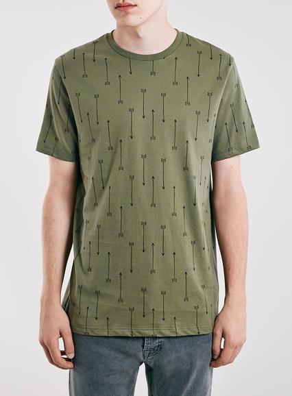 Topman Mens Green Khaki Arrows Print Slim Fit T-shirt