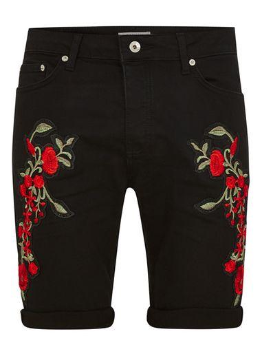Topman Mens Grey Embroidered Denim Shorts