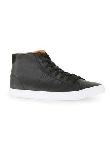 Topman Mens Black Faux Leather Mid Top Sneakers