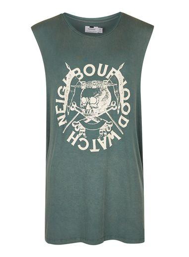 Topman Mens Green Khaki Skull Print Tank