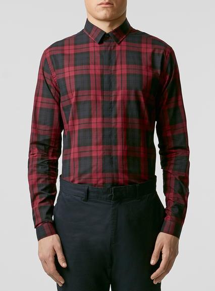 Topman Mens Red Sheer Tartan Long Sleeve Dress Shirt
