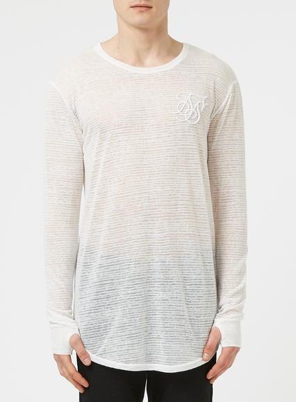 Topman Mens White Siksilk Cream Stripe Long Sleeve Undergarment Burnout T-shirt*