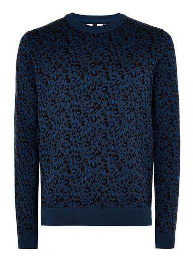 Topman Mens Navy Leopard Print Jumper