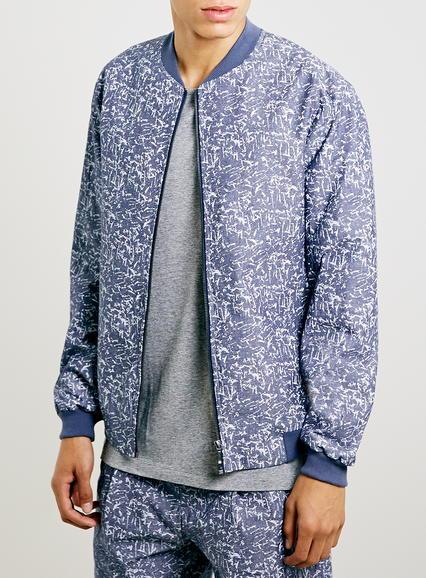 Topman Mens Blue And White Printed Bomber Jacket