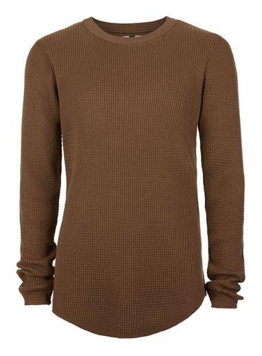 Topman Mens Brown Camel Waffle Textured Slim Fit Sweater