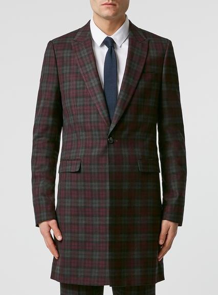 Topman Mens Red Burgundy Check Frock Coat