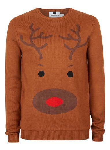 Topman Mens Brown Reindeer Face Christmas Sweater