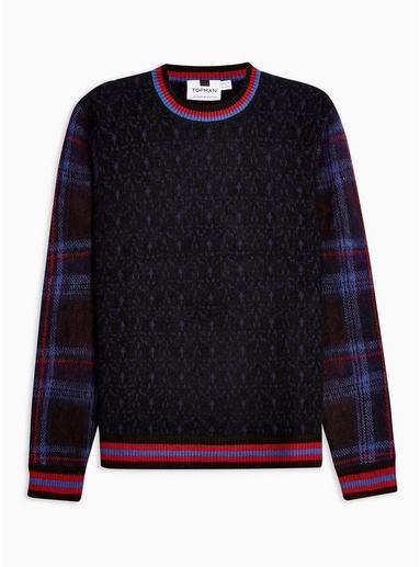 Topman Mens Blue Tartan Sleeve Knitted Sweater