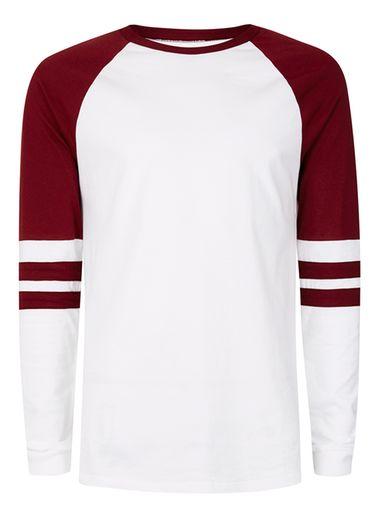 Topman Mens Red Burgundy Panel Raglan Long Sleeve T-shirt