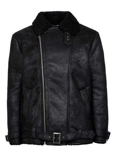 Topman Mens Black Faux Shearling Lined Biker Jacket