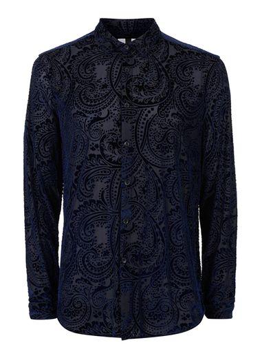 Topman Mens Blue Burn Out Pattern Casual Shirt