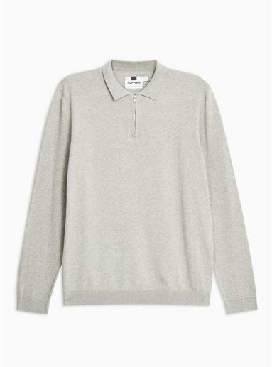Topman Mens Grey Long Sleeve Zip Polo Jumper