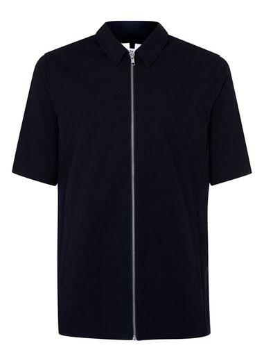 Topman Mens Blue Navy Seersucker Zip Through Short Sleeve Overshirt