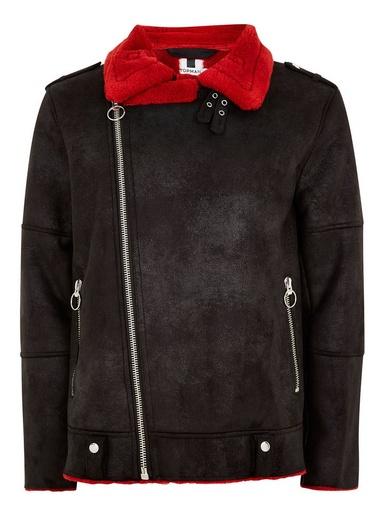 Topman Mens Black Faux Red Shearling Biker Jacket