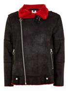 Topman Mens Black Faux Red Shearling Biker Jacket