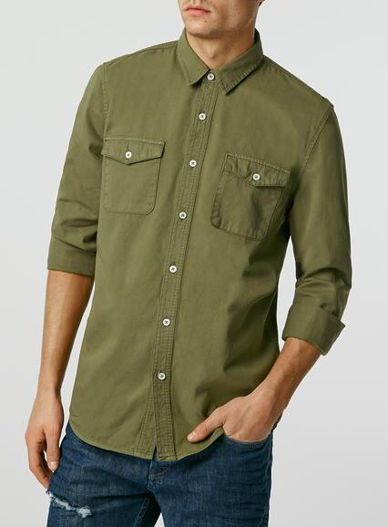 Topman Mens Green Khaki Double Pocket Twill Long Sleeve Casual Shirt