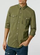 Topman Mens Green Khaki Double Pocket Twill Long Sleeve Casual Shirt