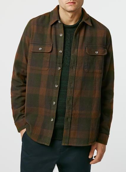 Topman Mens Khaki/green Check Double Pocket Long Sleeve Casual Overshirt