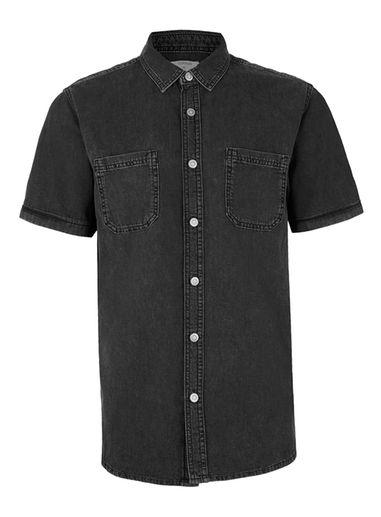 Topman Mens Washed Black Denim Short Sleeve Shirt