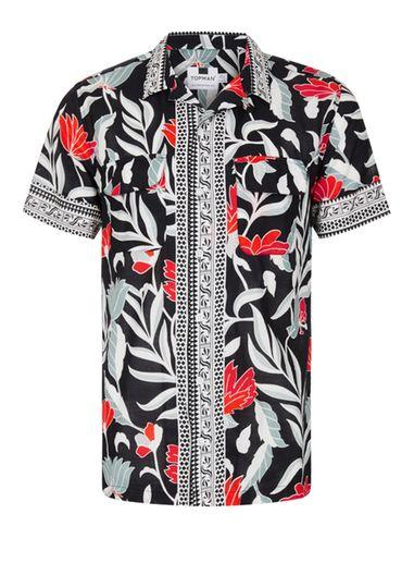 Topman Mens Black Border Print Short Sleeve Casual Shirt