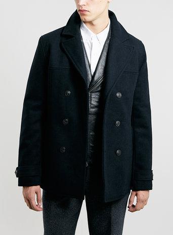 Topman Mens Blue Navy Wool Blend Slim Fit Pea Coat