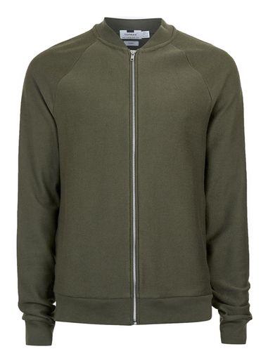 Topman Mens Green Khaki Textured Jersey Bomber Jacket
