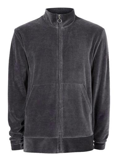 Topman Mens Black Ltd Grey Velour Track Top