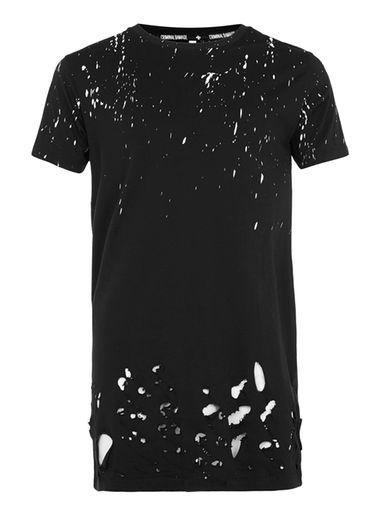 Topman Mens Blue Criminal Damage Black Paint Splat Distressed T-shirt*