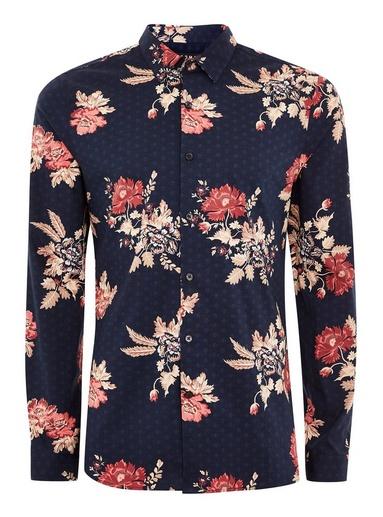 Topman Mens Blue Navy Floral Design Stretch Skinny Smart Shirt