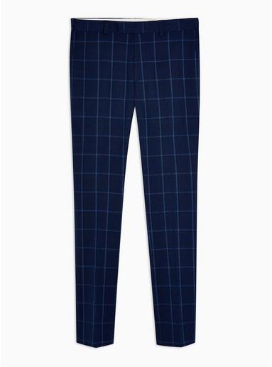 Topman Mens Blue Navy Super Skinny Fit Windowpane Check Suit Trousers