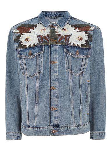 Topman Mens Blue Embroidered Oversized Denim Jacket