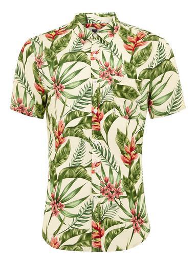 Topman Mens Beige Stone Hawaiian Short Sleeve Shirt