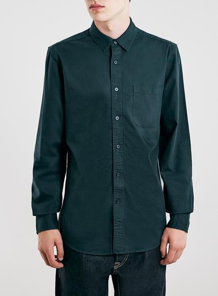 Topman Mens Pine Green Long Sleeve Casual Twill Shirt