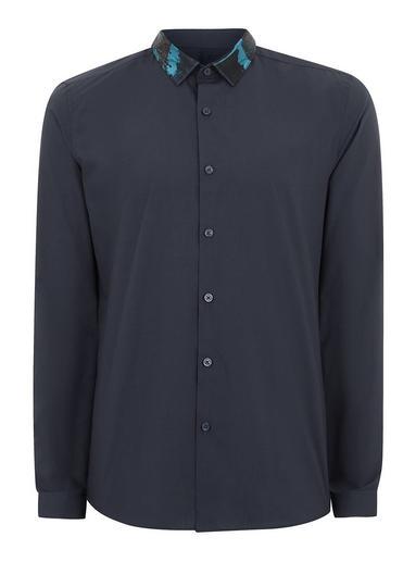 Topman Mens Navy Jacquard Collar Long Sleeve Shirt