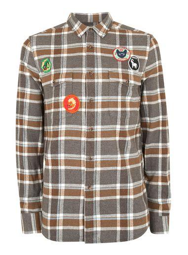 Topman Mens Brown Stone And Nude Check Badged Casual Shirt