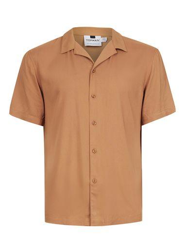 Topman Mens Brown Tan Revere Collar Short Sleeve Casual Shirt