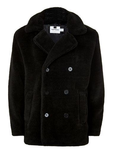 Topman Mens Black Faux Fur Pea Coat