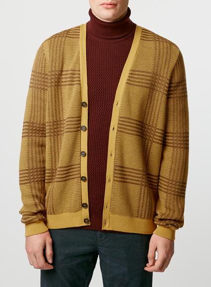 Topman Mens Yellow Mustard Check Cardigan