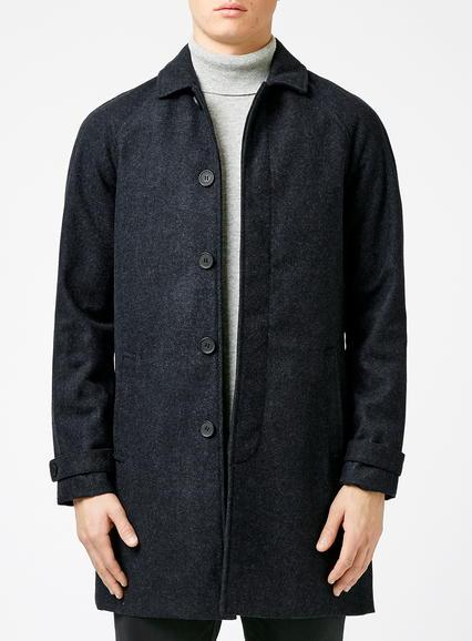 Topman Mens Dark Blue Raglan Wool Blend Mac