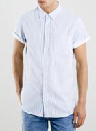 Topman Mens Blue Stripe Twill Casual Short Sleeve Shirt