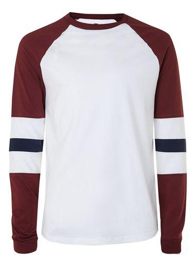 Topman Mens Red Burgundy And Navy Raglan Long Sleeve T-shirt