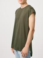 Topman Mens Green Khaki Cap Sleeve Longline T-shirt