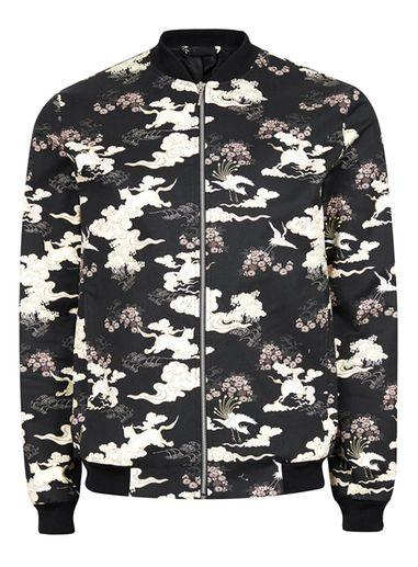 Topman Mens Black Dragon Print Smart Bomber Jacket