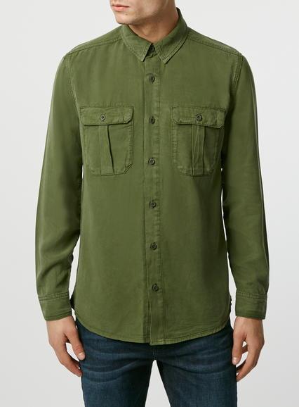 Topman Mens Green Khaki Drape Fabric Military Long Sleeve Casual Shirt