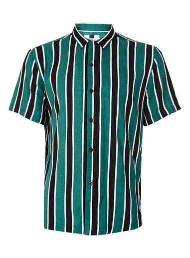 Topman Mens Red Green Stripe Revere Collar Casual Shirt