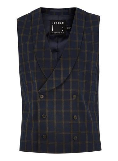 Topman Mens Blue Navy And Brown Check Muscle Fit Suit Vest