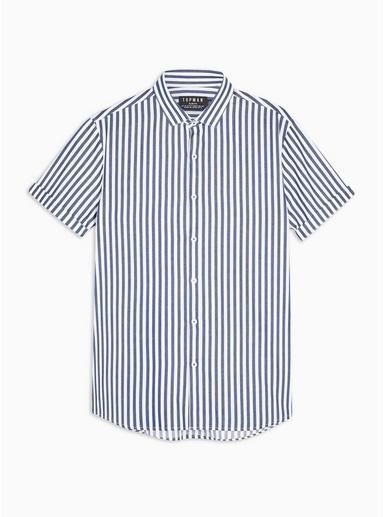 Topman Mens Navy And White Stripe Slim Shirt