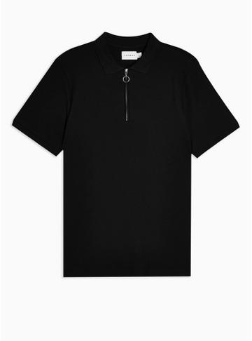 Topman Mens Black Zip Short Sleeve Polo